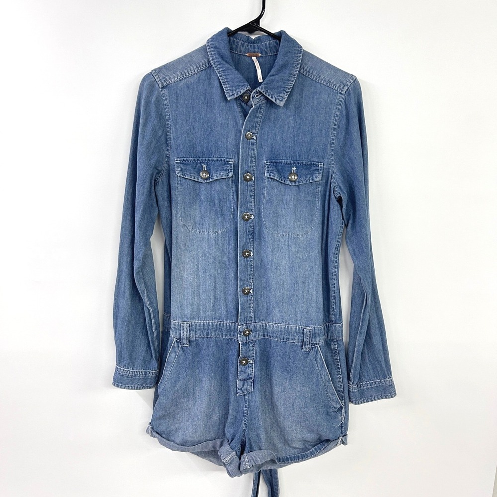 Free People Denim Romper Button Front XS Blue Boho Coastal Cowgirl Utility